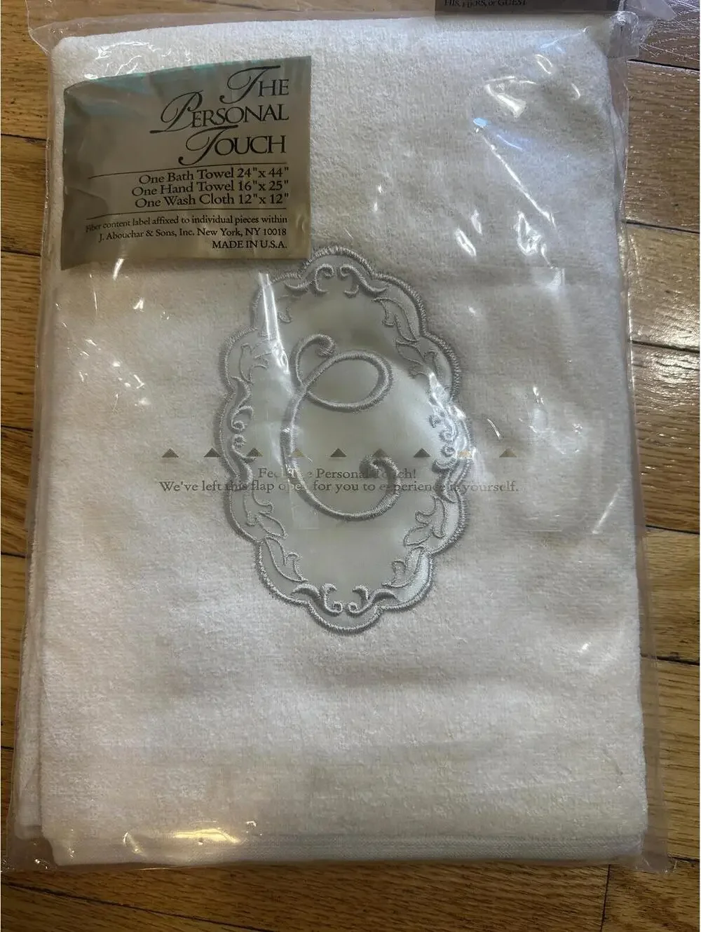 VTG NOS Monogrammed C Towel Set 3 Piece White Bath Hand Wash Cloth USA